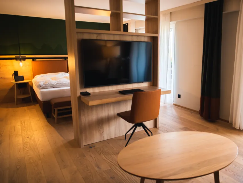 Hotel room with a desk, television and lounge chair