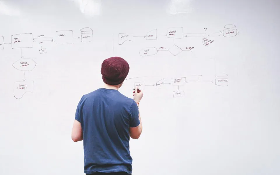A man drawing a flowchart on a whiteboard